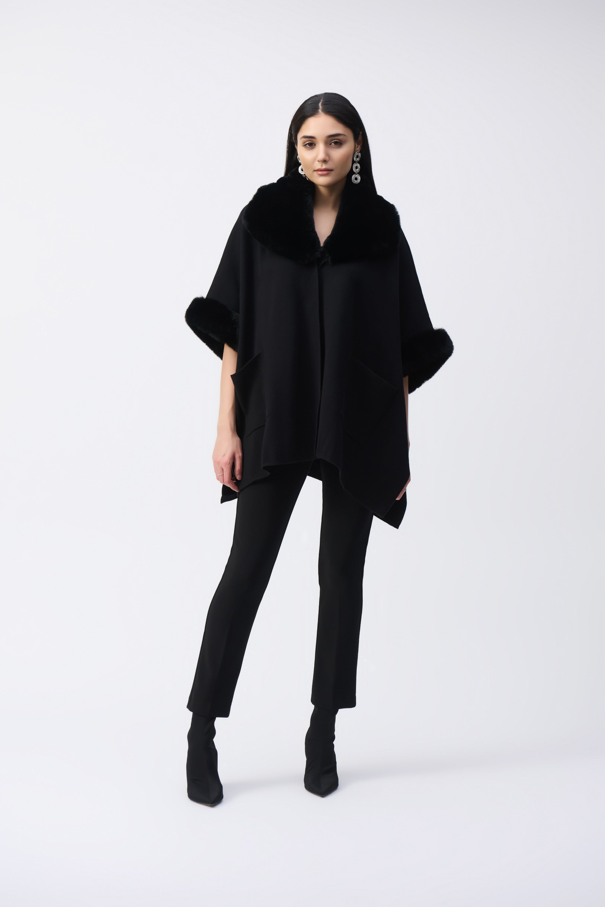 BRUSHED JACQUARD AND FAUX FUR CAPE