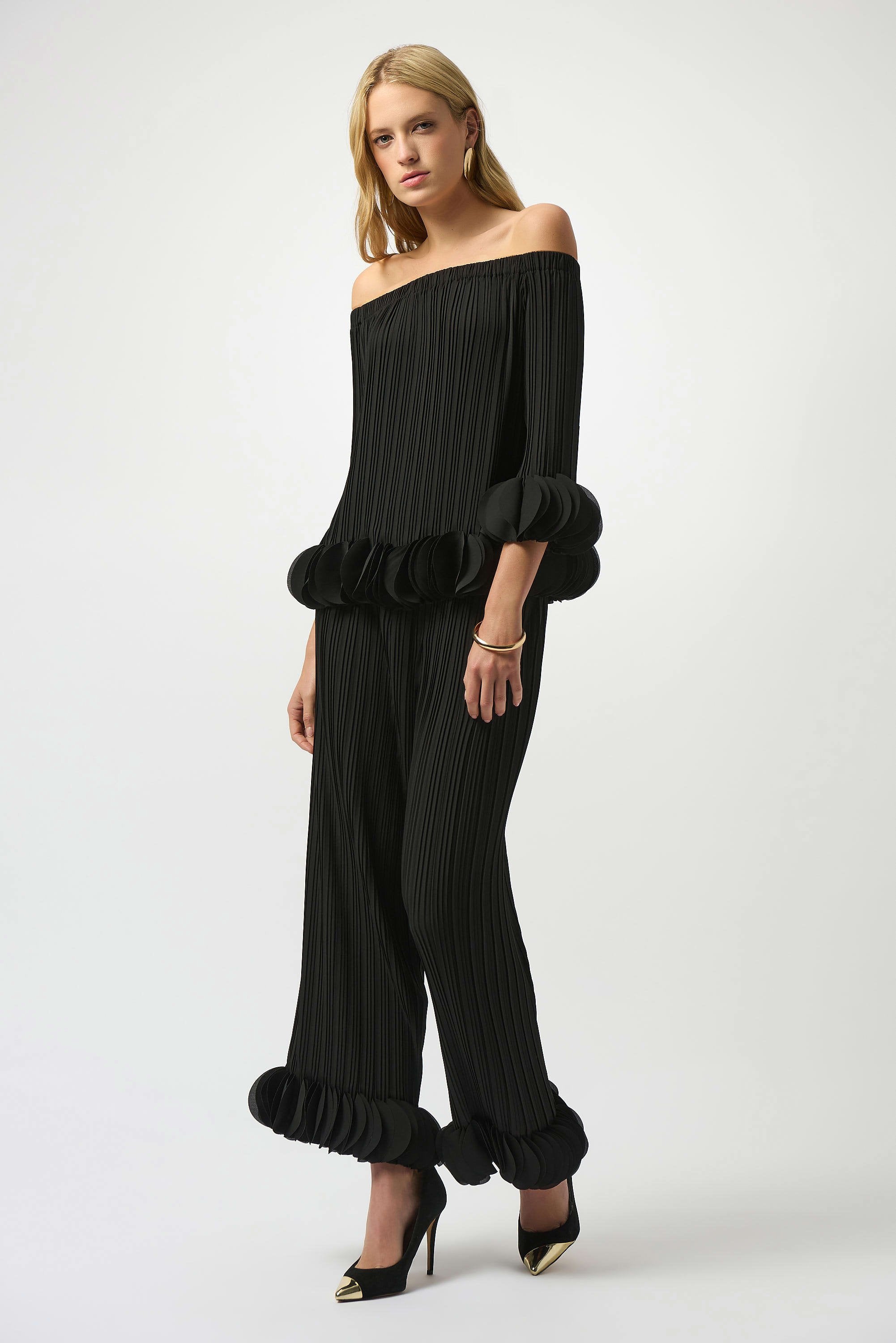 JOSEPH RIBKOFF GEORGETTE OFF SHOULDER PLEATED TOP