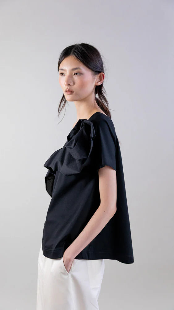 ASYMMETRIC CASCADE ROSETTE MERCERIZED COTTON TOP