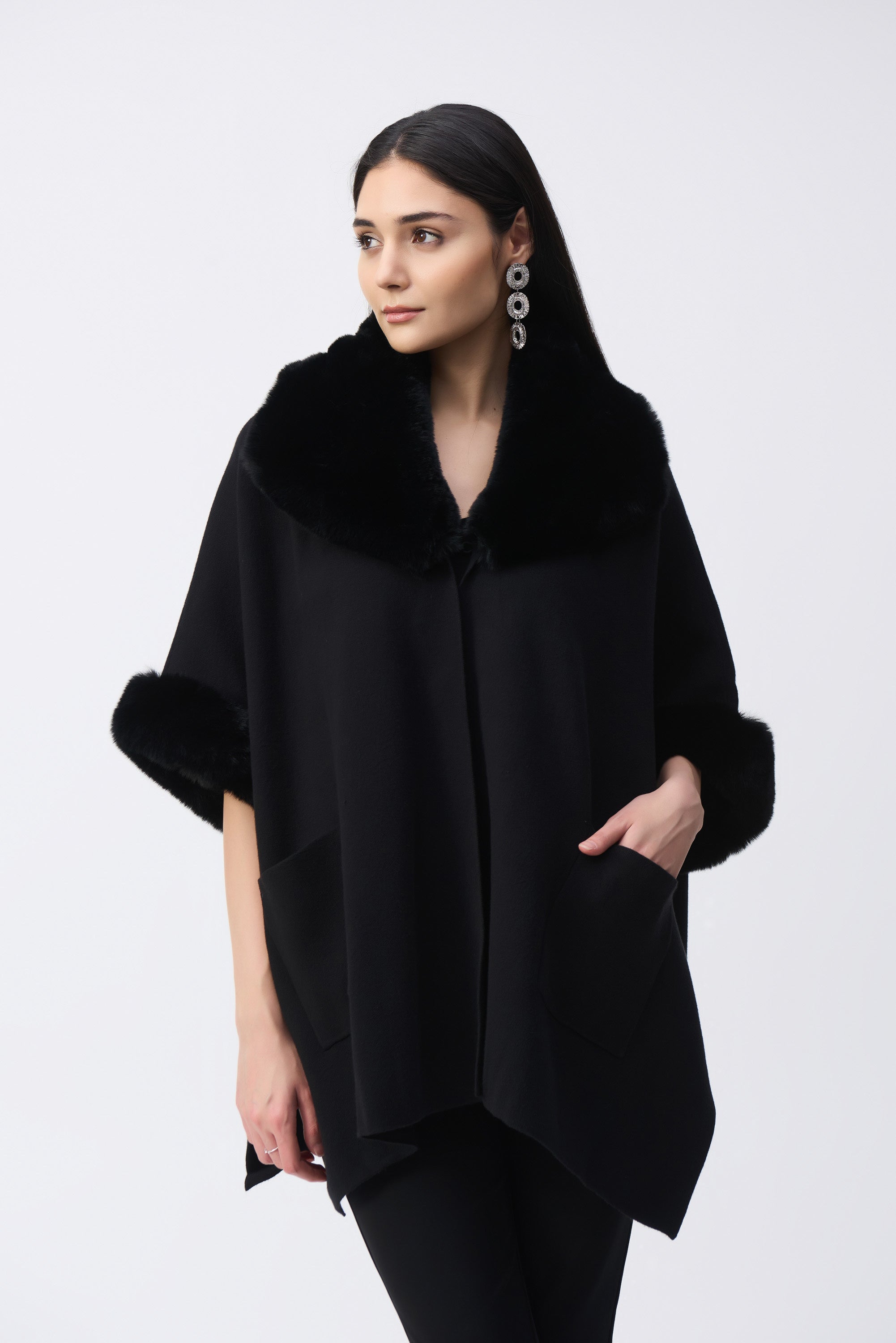 JOSEPH RIBKOFF BRUSHED JACQUARD AND FAUX FUR CAPE