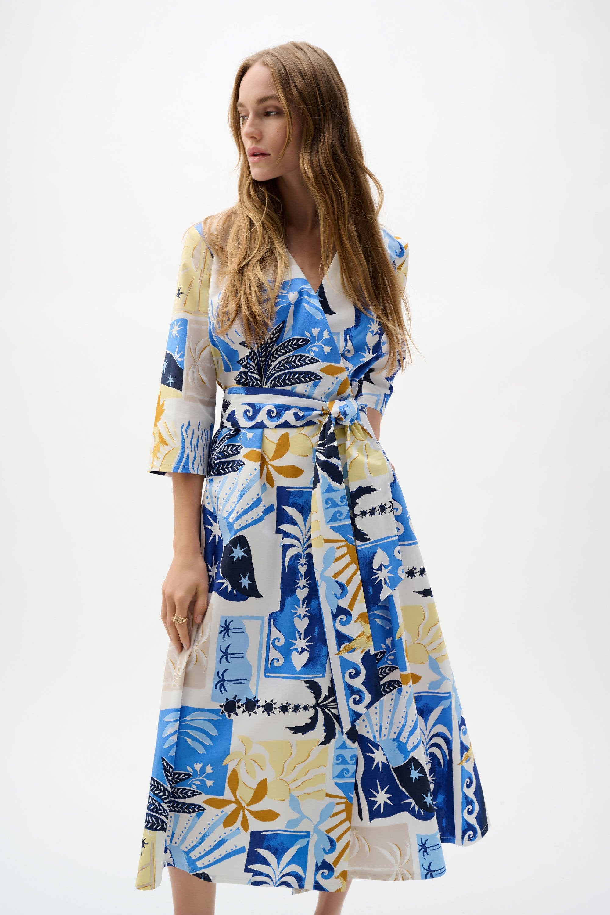 STRETCH COTTON TROPICAL PRINT A-LINE WRAP DRESS