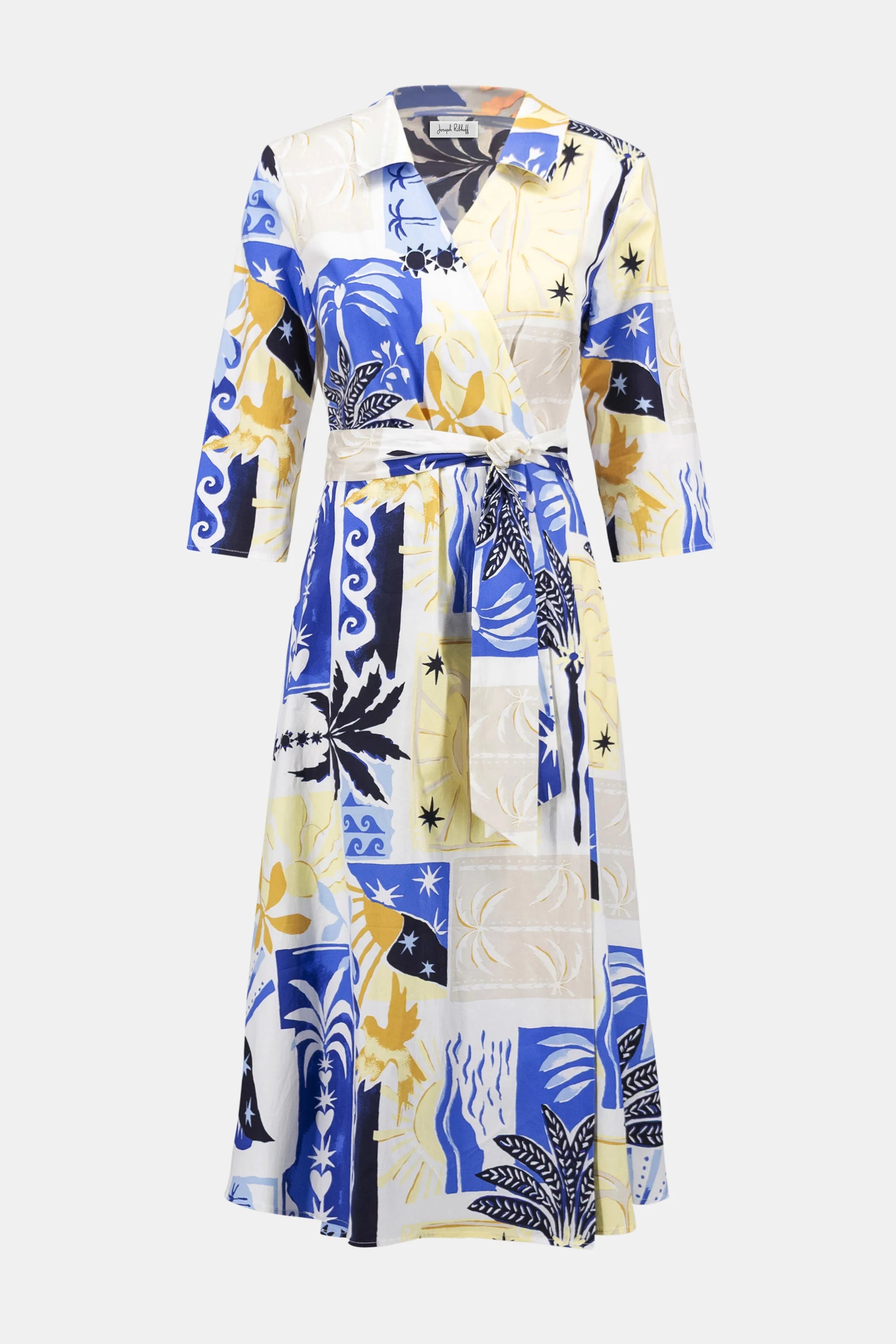 JOSEPH RIBKOFF STRETCH COTTON TROPICAL PRINT A-LINE WRAP DRESS