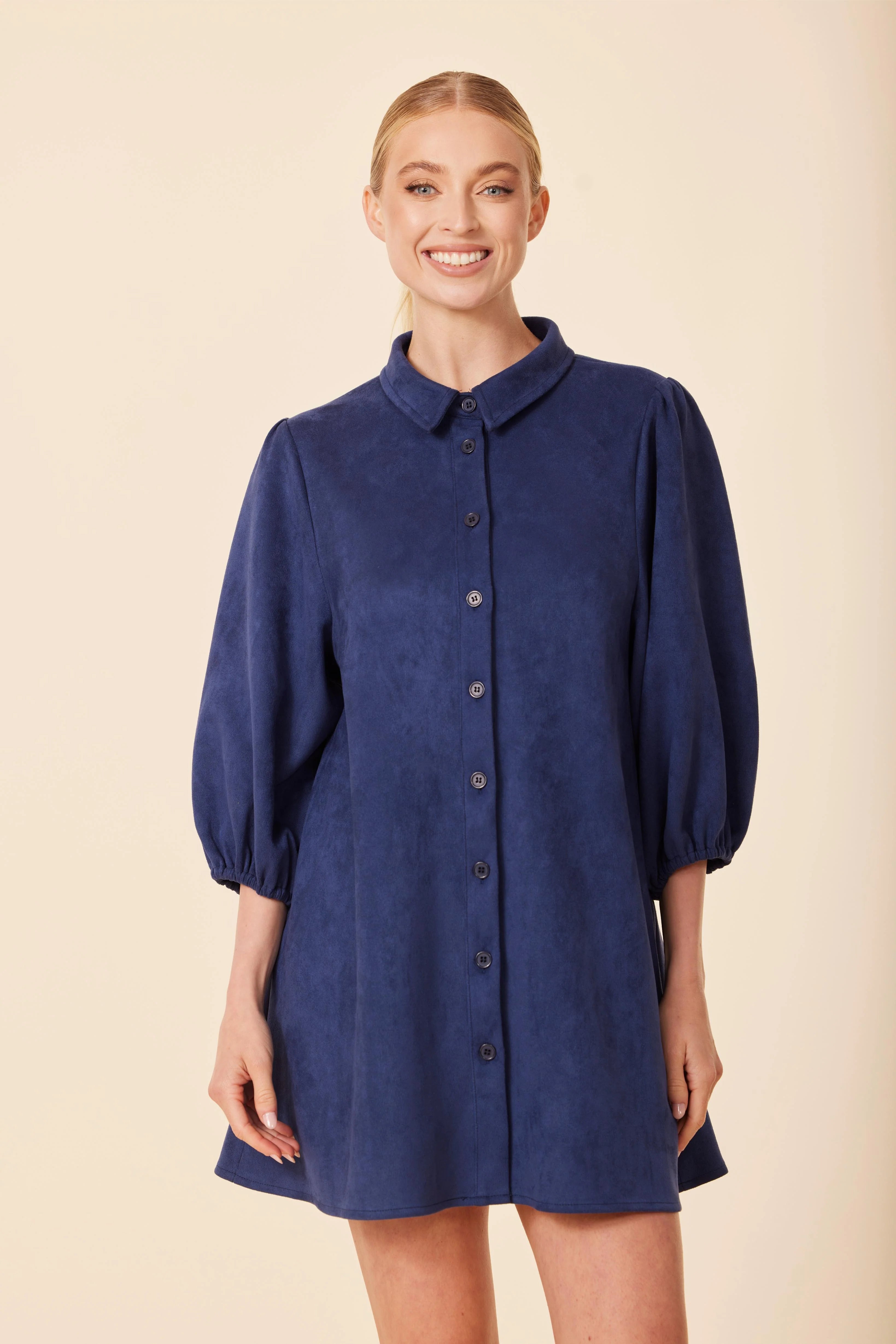 A-LINE PUFF SLEEVE SUEDE DRESS
