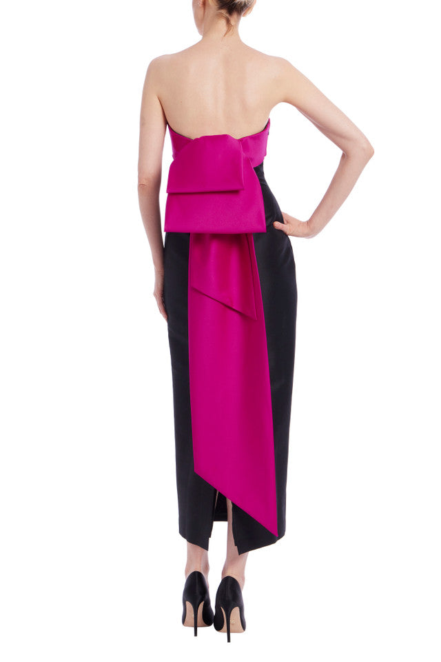 TWO-TONE BOWED BACK STRAPLESS MIDI DRESS