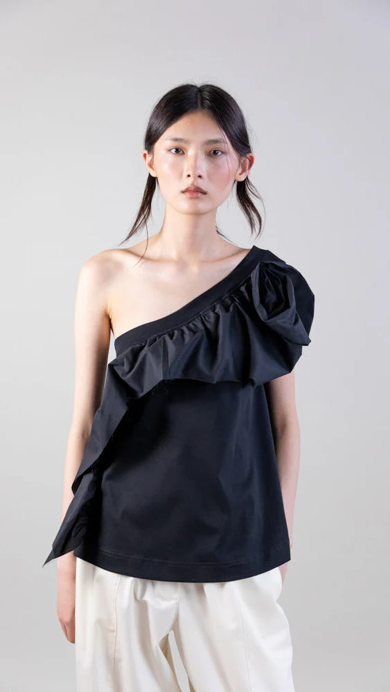 ASYMMETRIC CASCADE ROSETTE MERCERIZED COTTON TOP